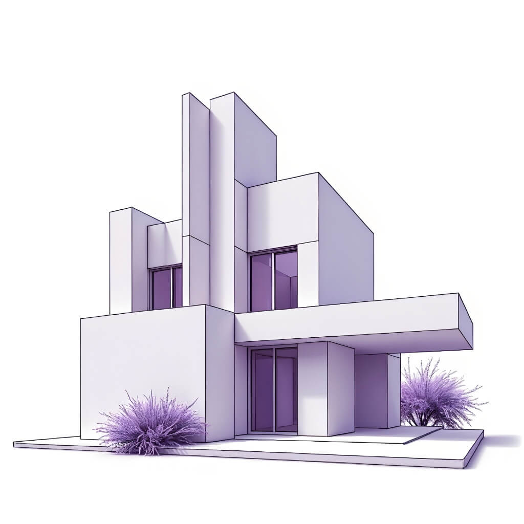 Minimalist geometric brutalist house sketch with purple landscape accents by Fjarholm