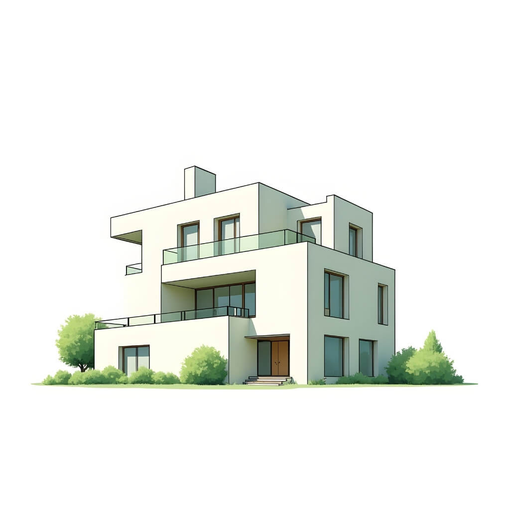 Modern multi-story white residential villa design sketch with green balconies