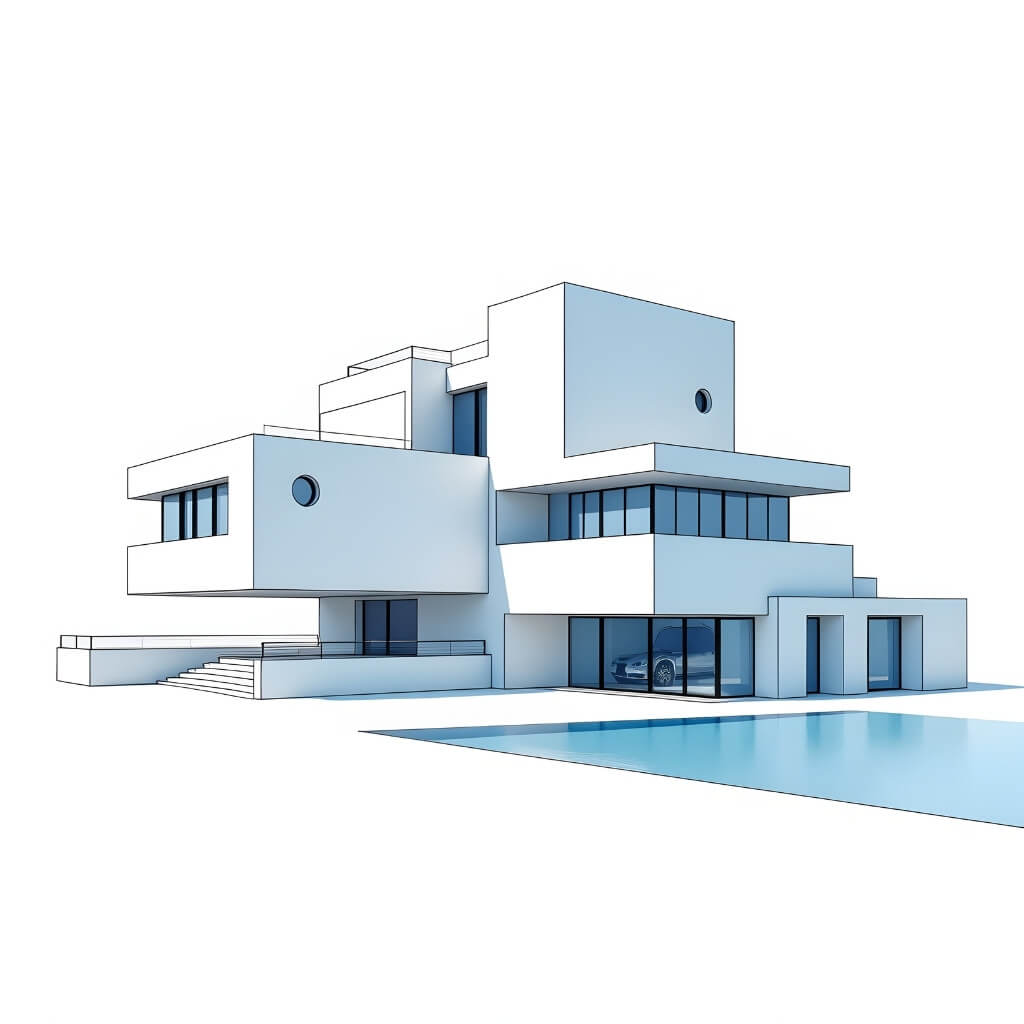 Contemporary minimalist white villa architectural concept with a swimming pool