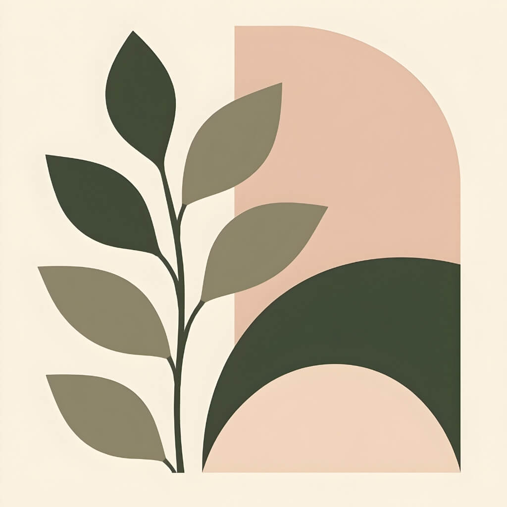 Minimalist botanical pastel art featuring a green leafy branch over terracotta arches
