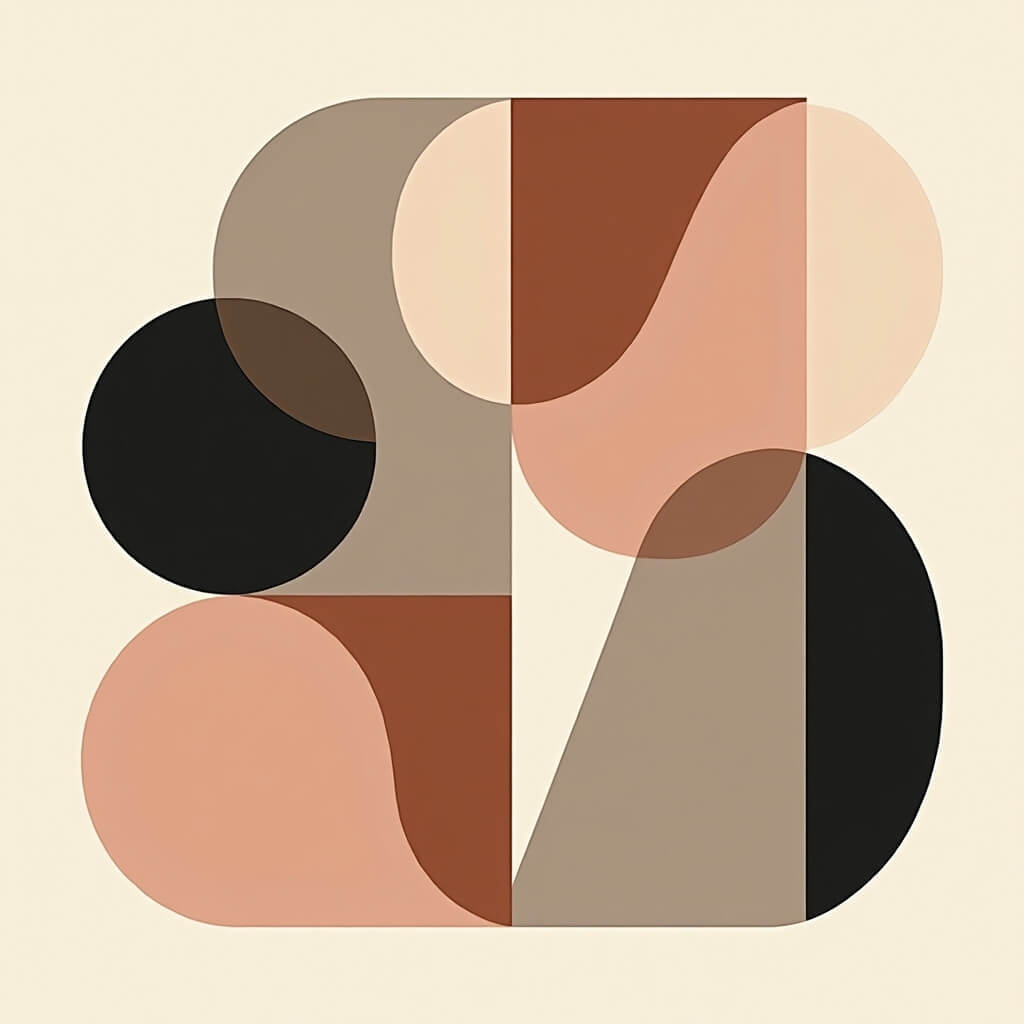 Abstract geometric pastel composition with circles and semi-circles in earth tones