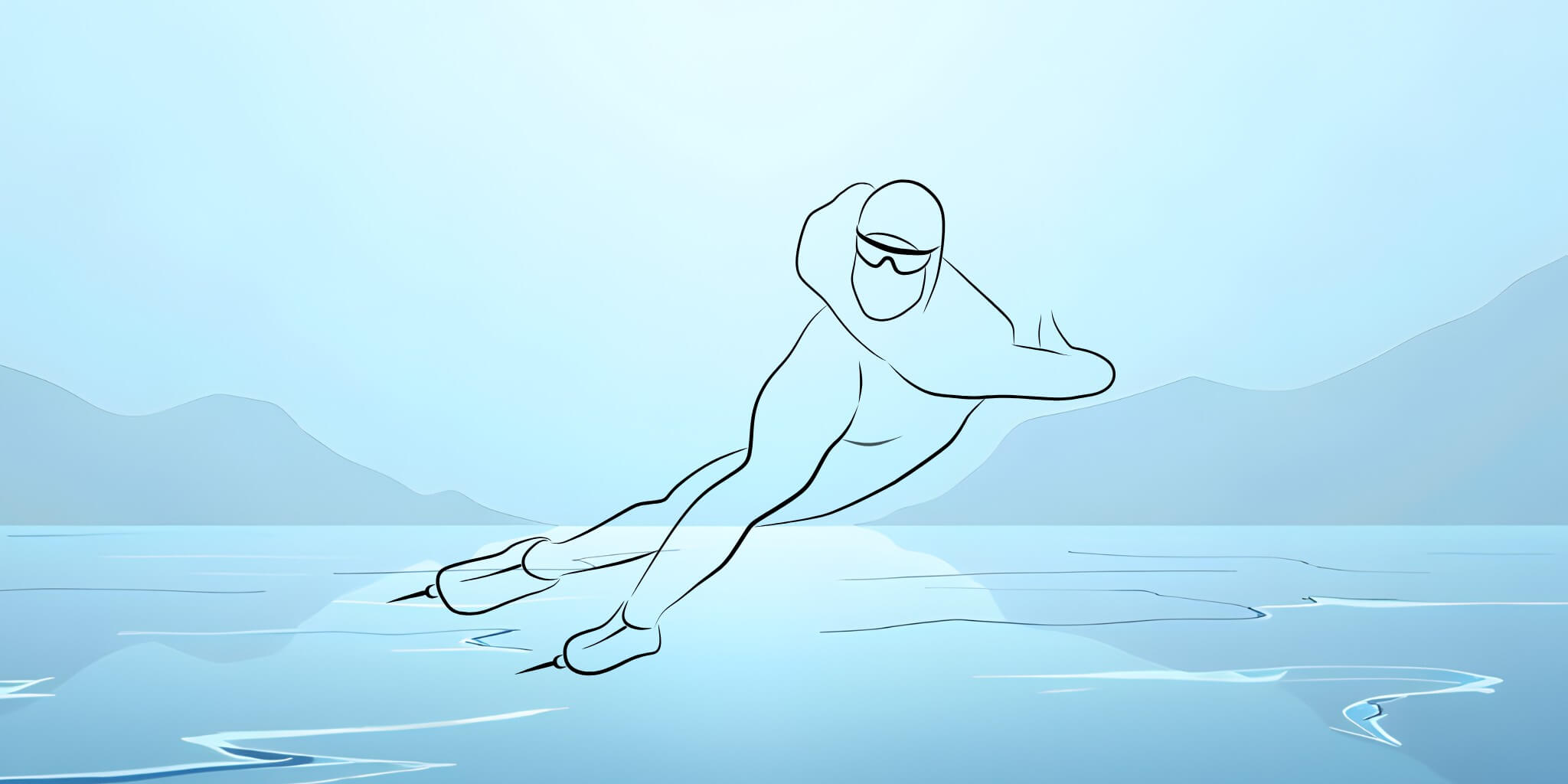 Minimalist vector line art of a speed skater on an ice rink with mountain background
