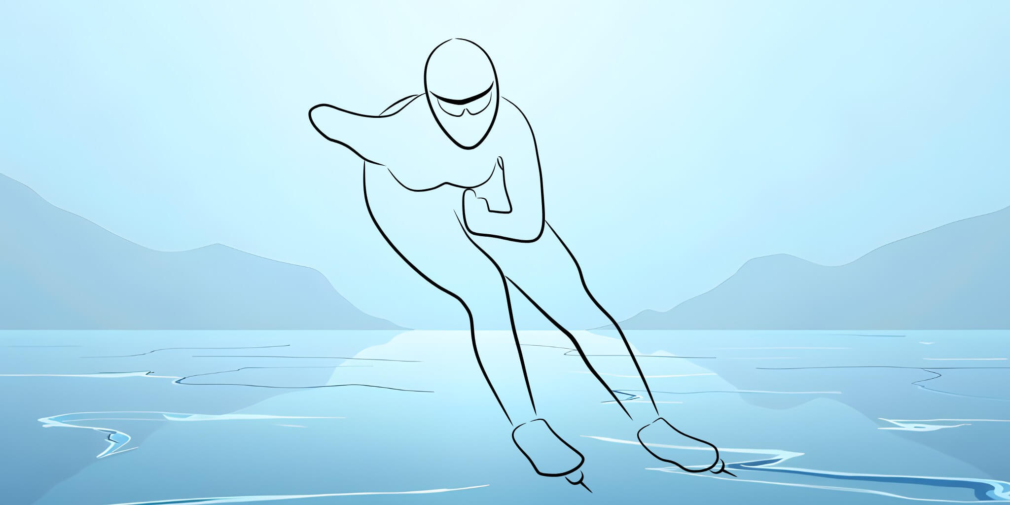 Clean vector illustration of a speed skater turning on ice under a soft blue sky
