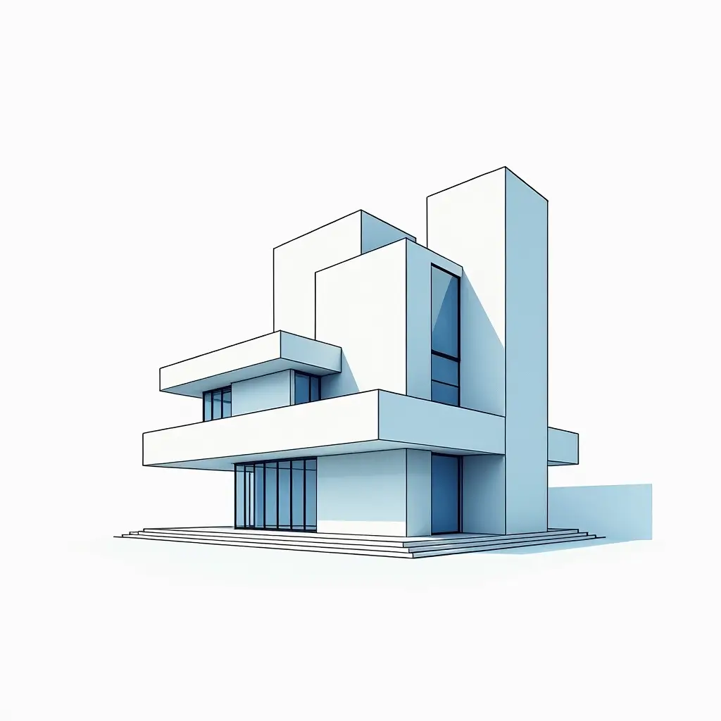 Nordic-inspired geometric architecture featuring clean rectangular volumes, large glass façades and a minimalist contemporary design in light blue tones.