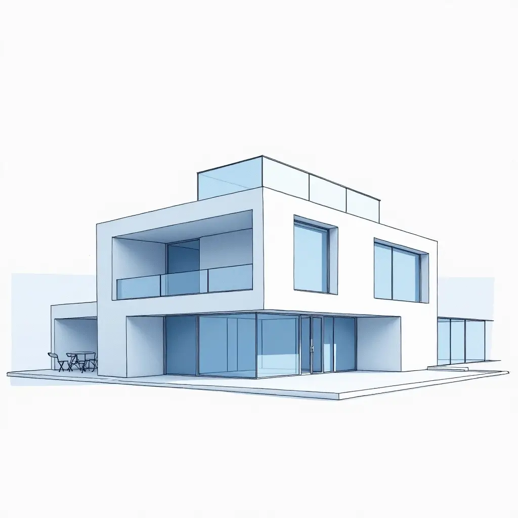 Nordic-inspired geometric architecture showing a contemporary house with wide glass façades, an open balcony and clean minimalist volumes.