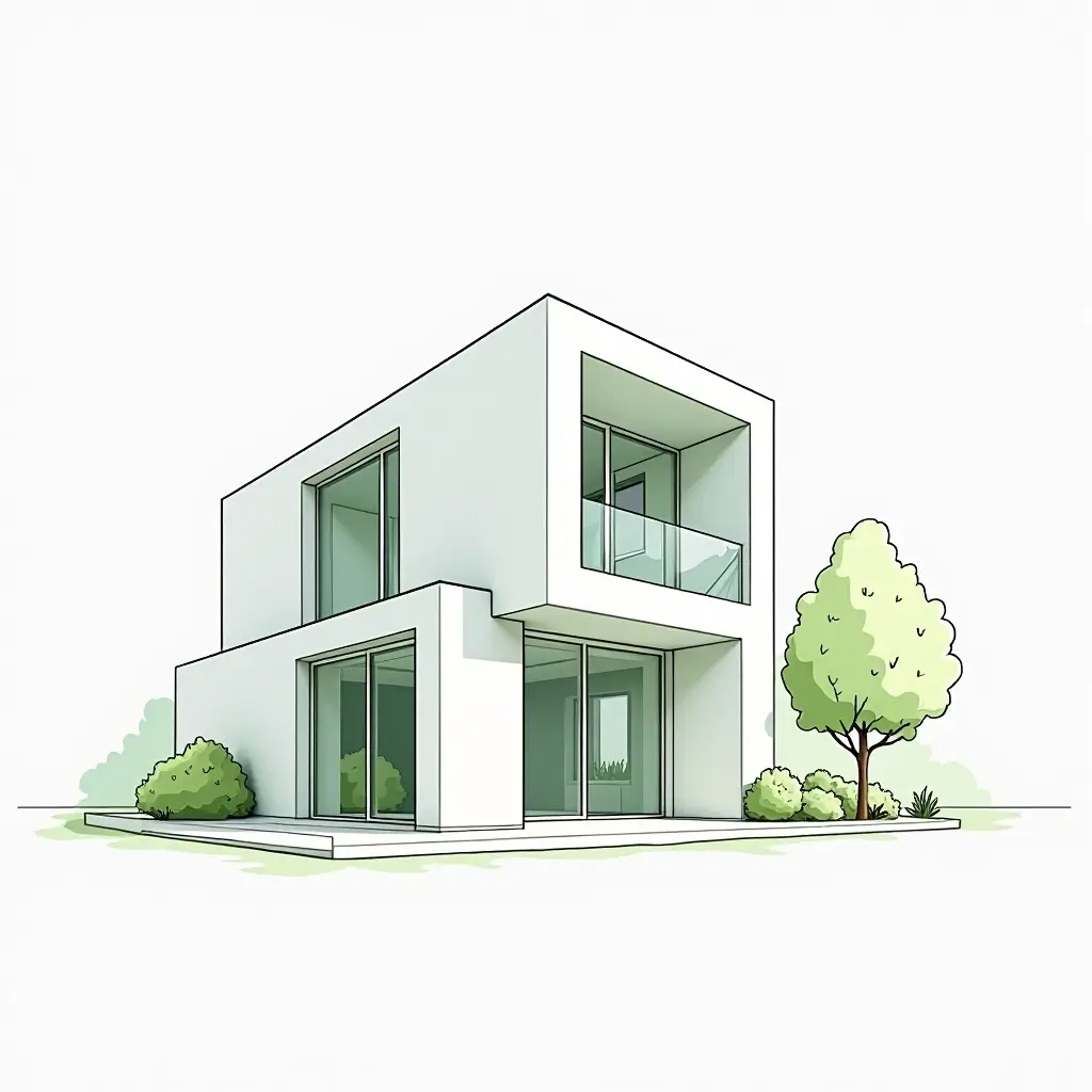 Nordic-inspired geometric house with clean architectural lines, large glass windows, an upper balcony and soft green landscape elements.