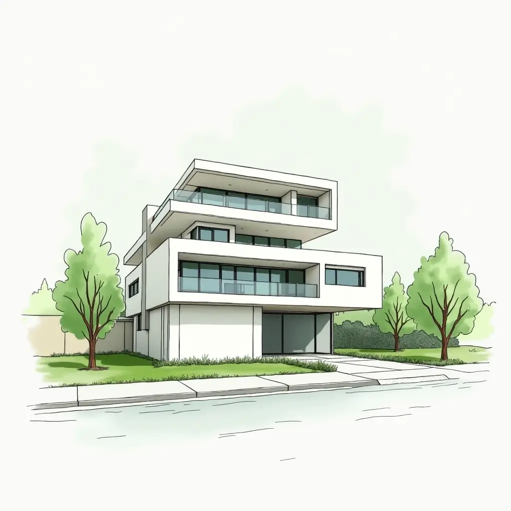 Contemporary geometric architecture with cantilevered forms, expansive glass panels and minimalist green surroundings.