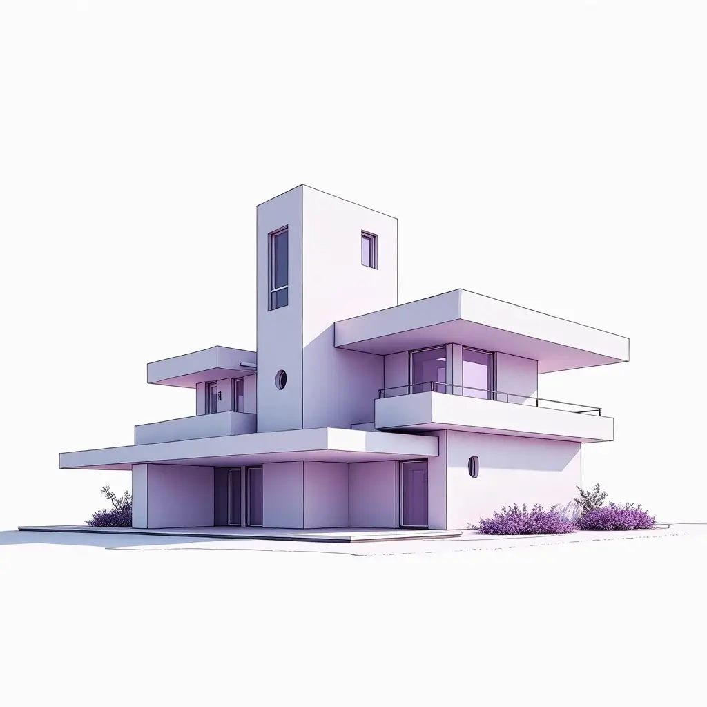 Contemporary geometric architecture with stacked minimalist volumes, wide glass façades and subtle purple landscape details.