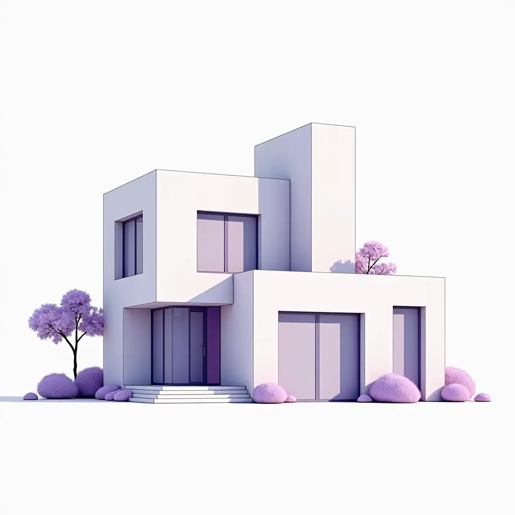 Nordic-inspired geometric architecture depicting a minimalist cubic house with large windows and stylized purple trees.