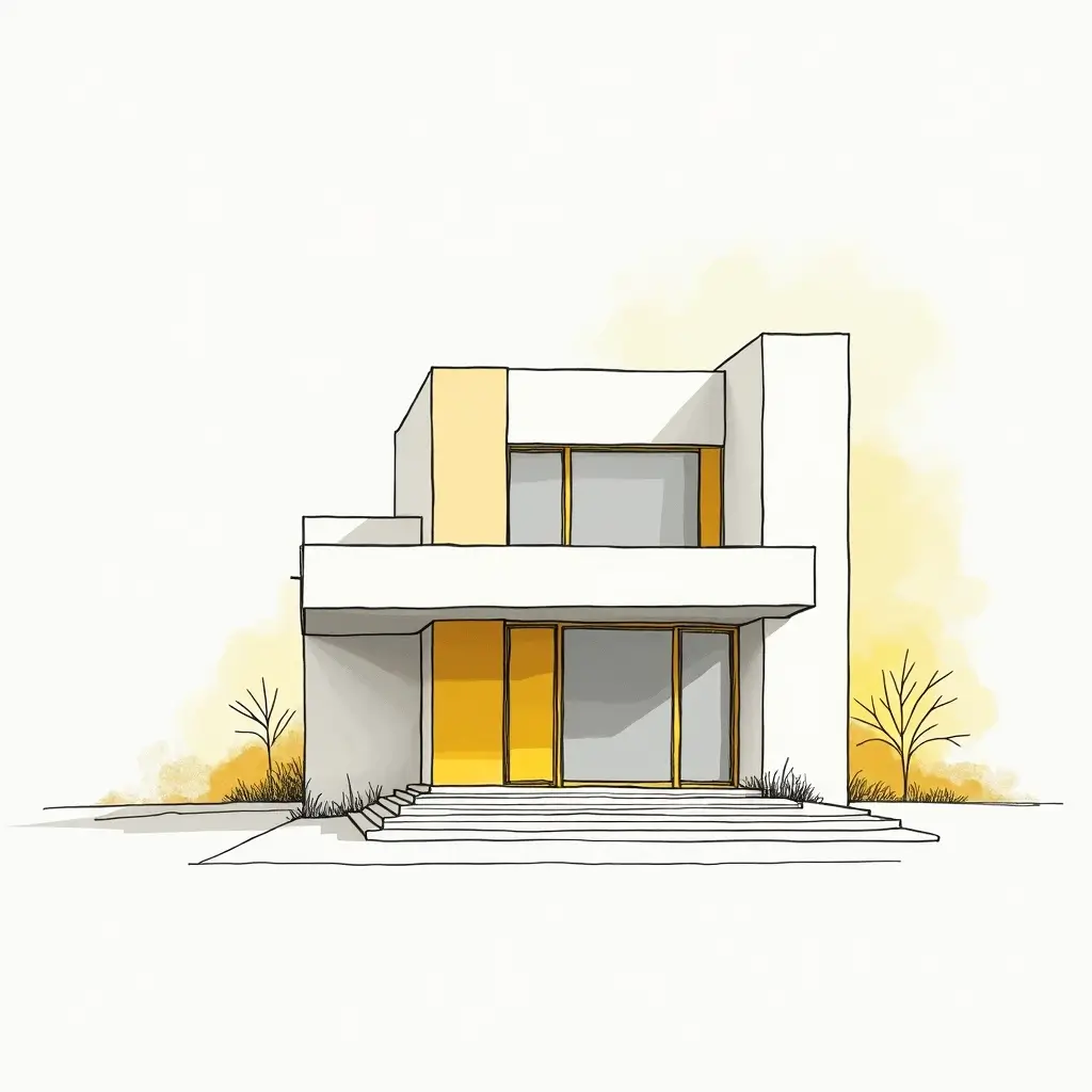 Minimalist geometric architecture featuring a contemporary two-story house with yellow accents, flat roofs and large rectangular windows.