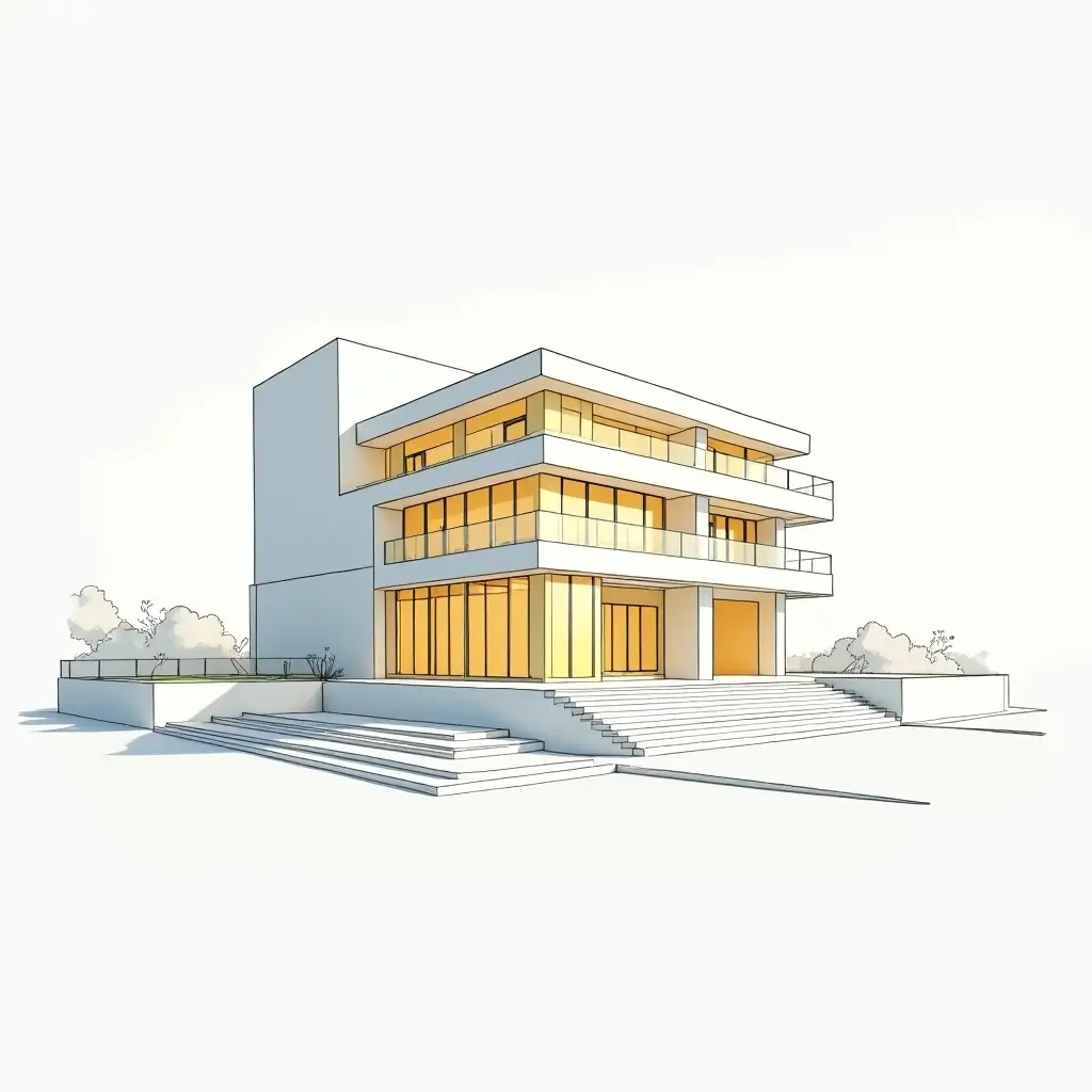 Minimalist geometric architecture featuring a contemporary multi-story building with glass balconies and clean structural lines.