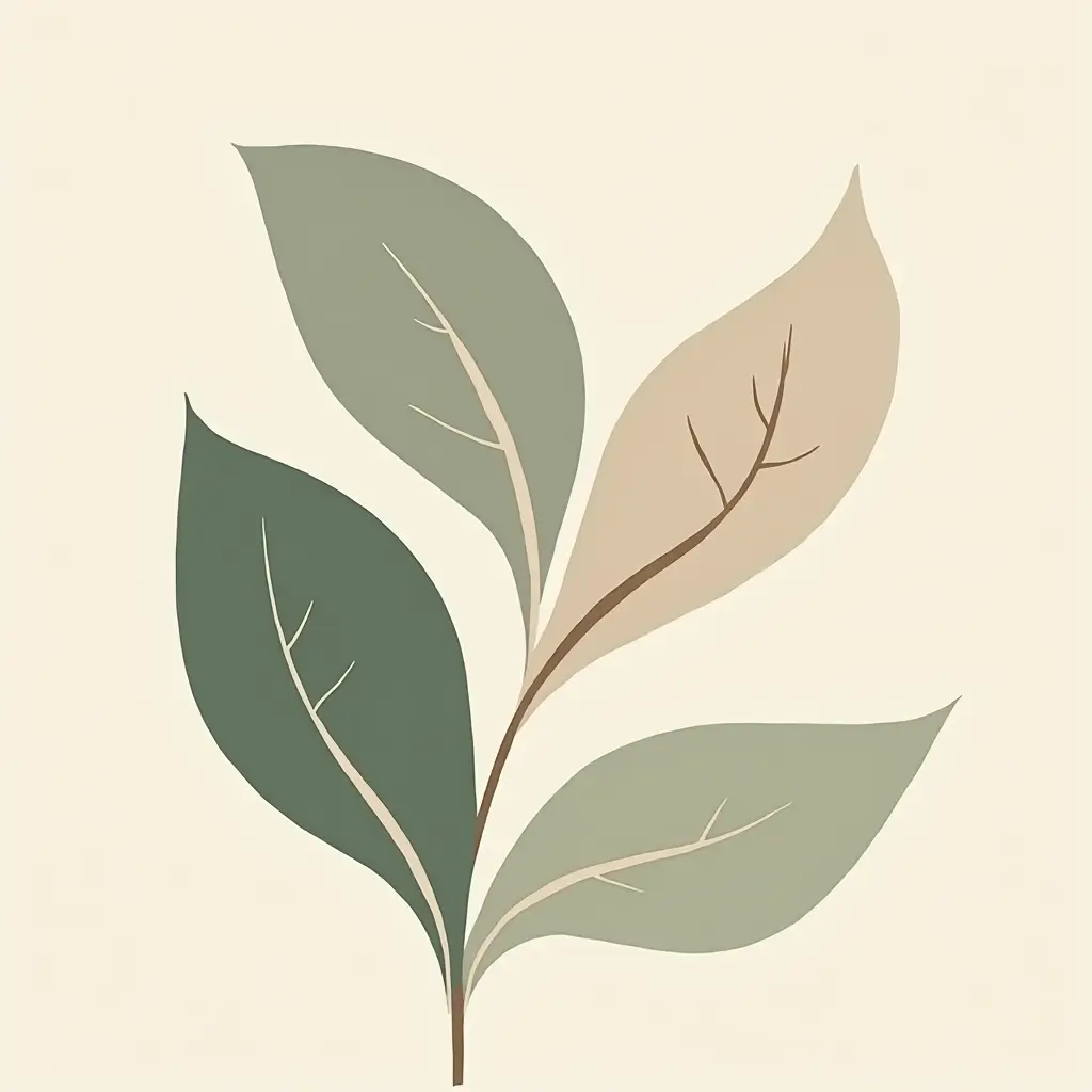 Minimalist geometric pastel artwork featuring a delicate botanical branch with stylized leaves in muted green and beige tones.