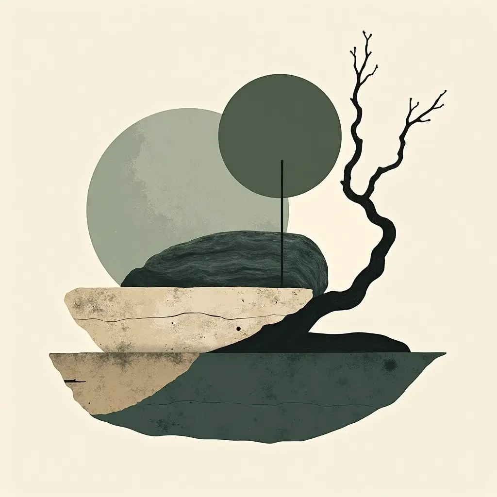 Abstract geometric pastel artwork featuring a bonsai-inspired composition with organic forms in calm green and beige tones.
