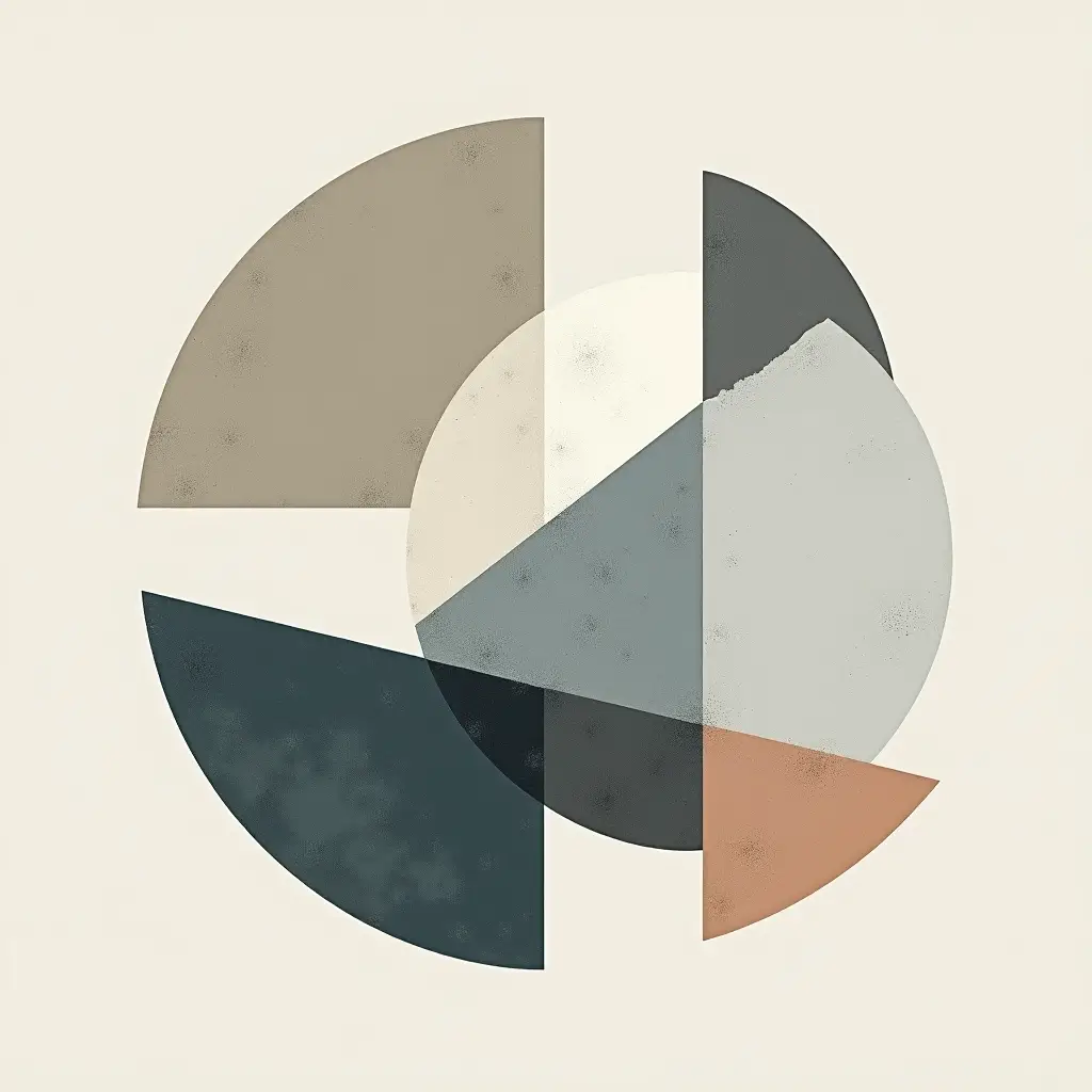 Minimal abstract geometric artwork with overlapping circles and triangular forms in muted beige, terracotta, gray and deep blue tones.