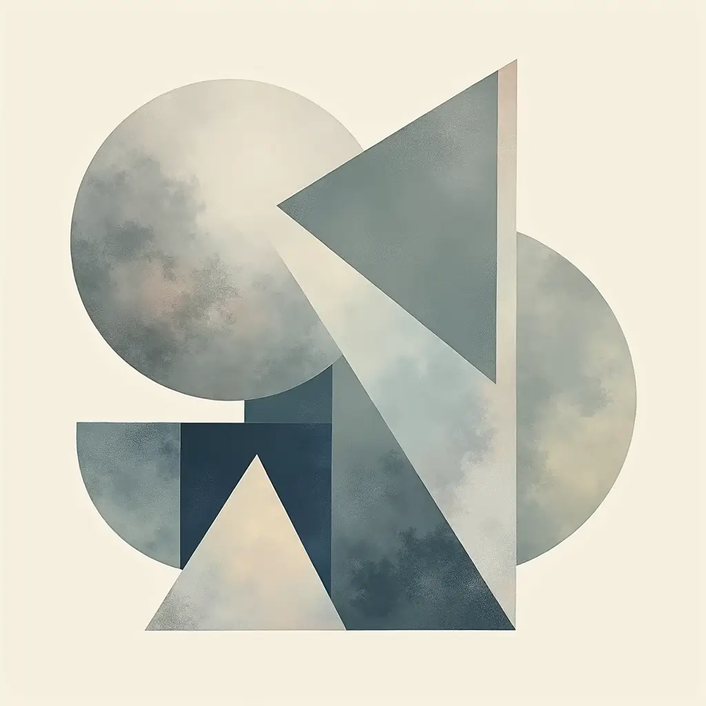 Minimal abstract geometric artwork featuring layered circles, triangles and soft rectangular forms in muted blue, gray and beige tones.