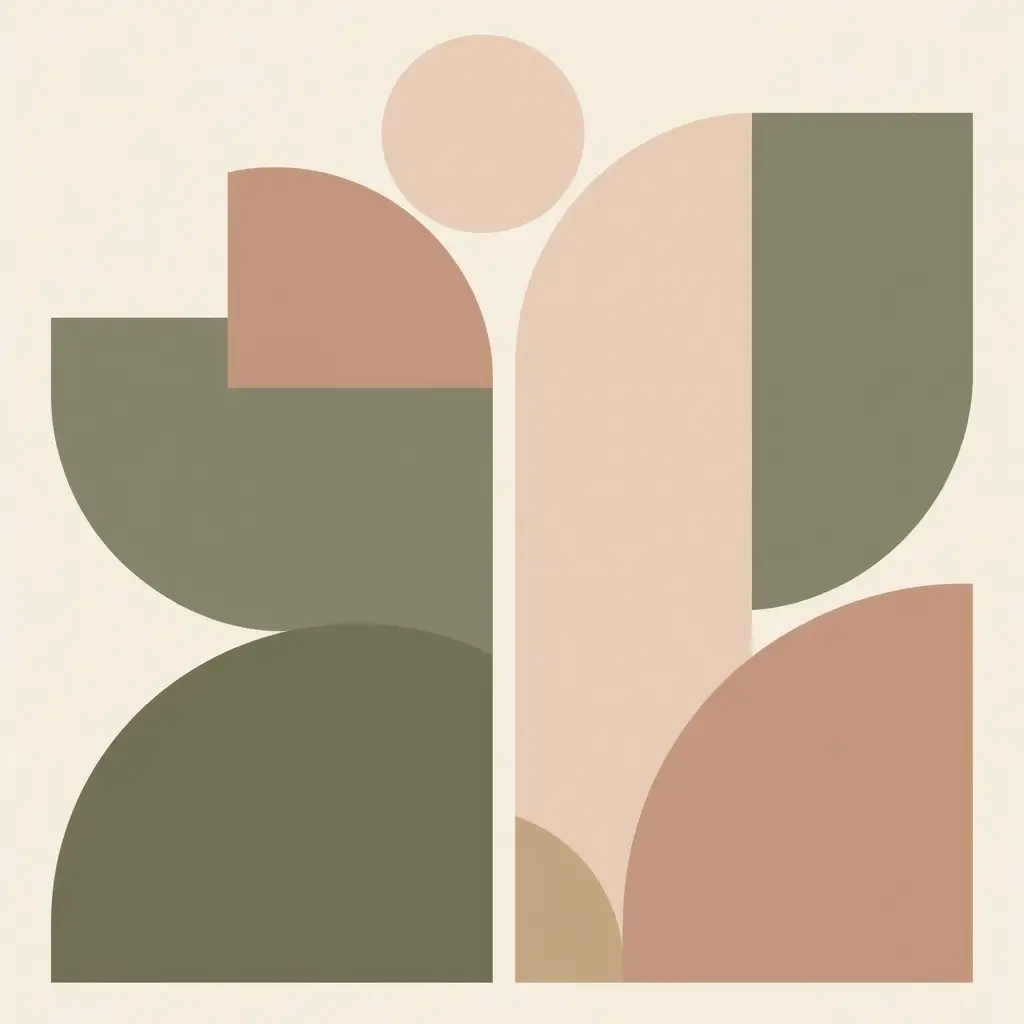 Minimal abstract geometric artwork with overlapping arches, circles and soft rectangular forms in muted terracotta, peach, beige and gray tones.