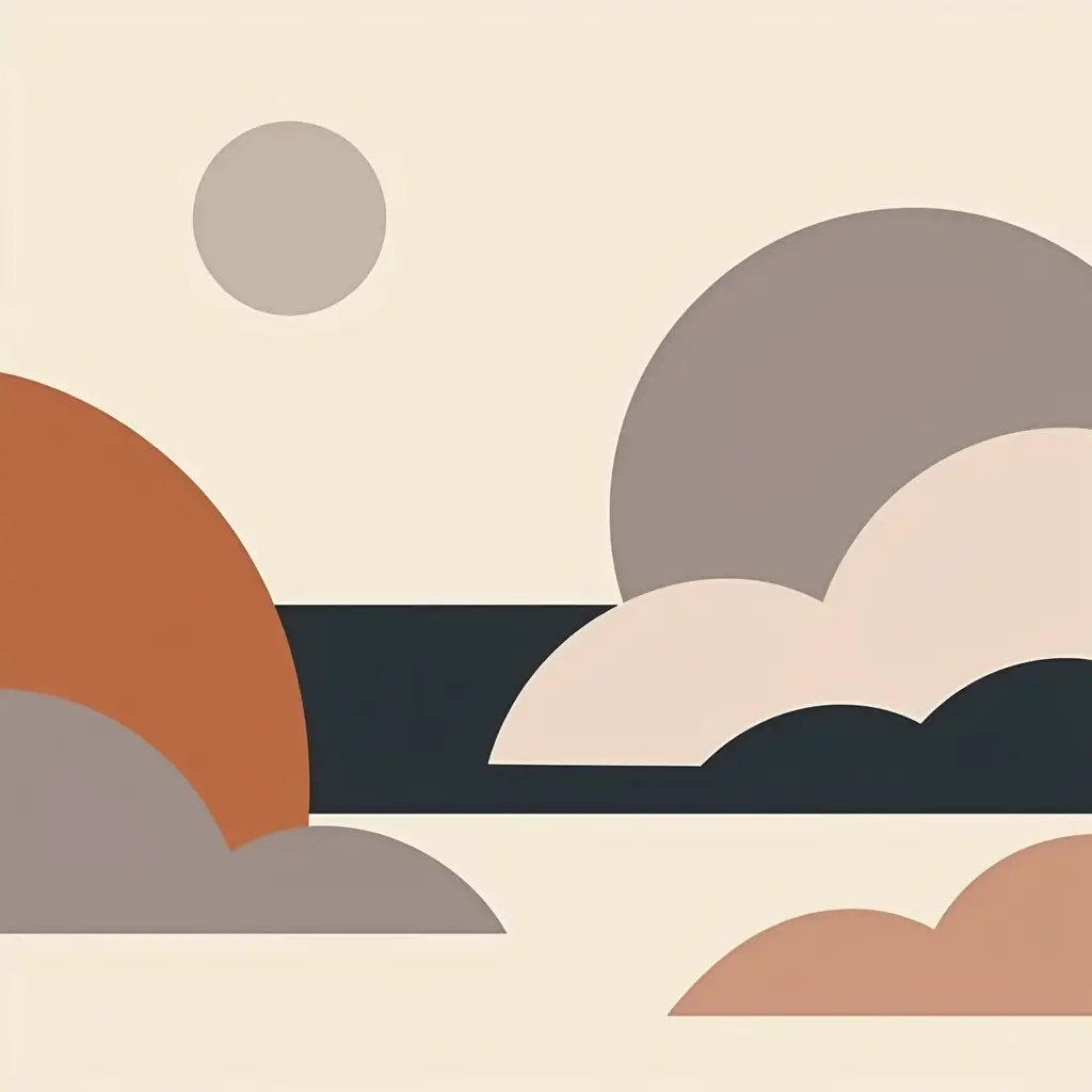 Minimal abstract geometric artwork with soft circles, semicircles and curved organic forms in muted olive, beige and terracotta tones.
