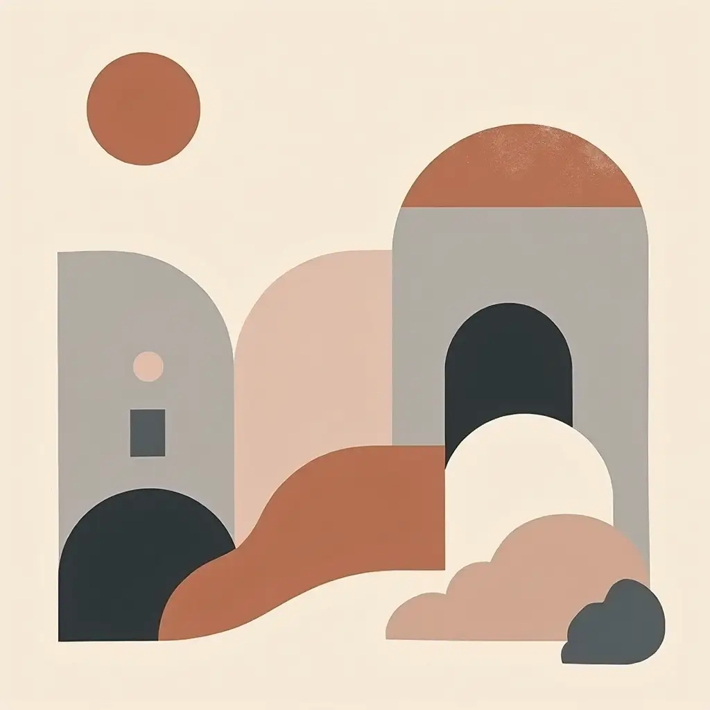 Minimal abstract geometric landscape featuring a soft sun circle, rounded cloud shapes and a dark horizontal band suggesting a calm horizon in muted earthy tones.