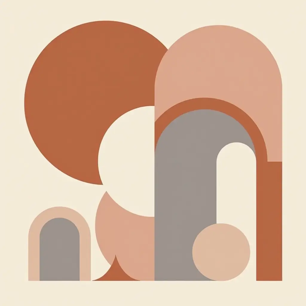 Minimal abstract geometric composition with soft arch and dome shapes, a muted sun circle and layered pathways in beige, terracotta, gray and black tones.